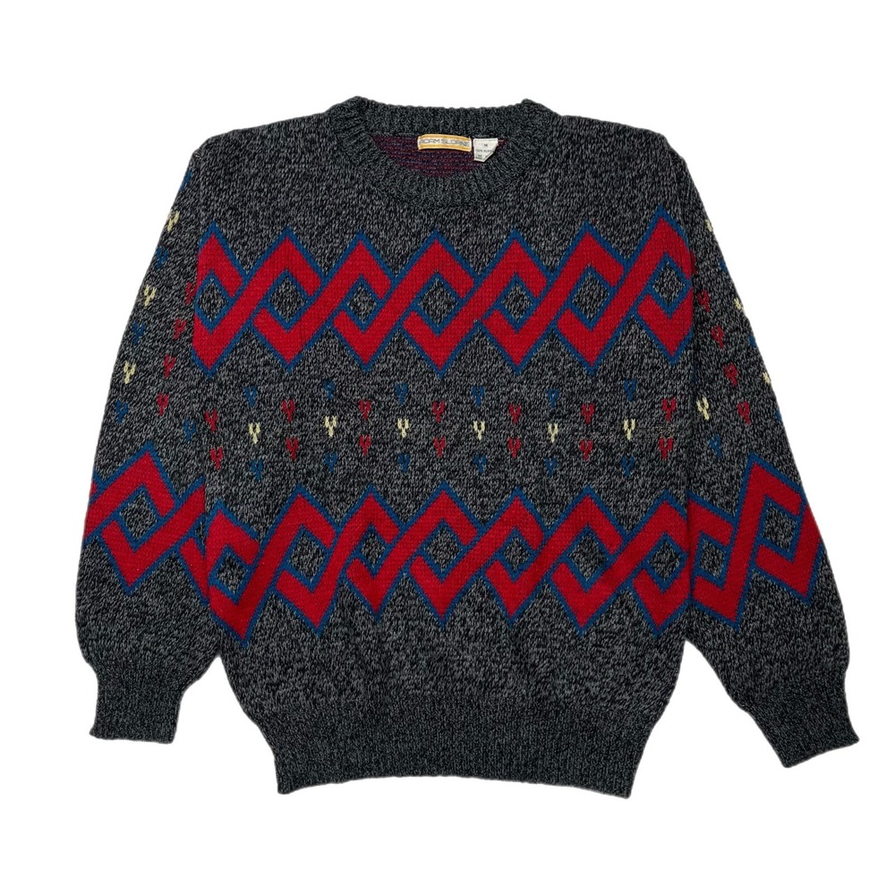 Vintage Adam Sloane Sweater Men Medium Gray Red Geometric Acrylic‎ 80s 90s